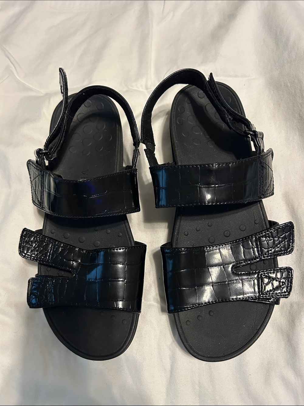 Vionic Roma Black Croc-Embossed Adjustable Strap Sandals
